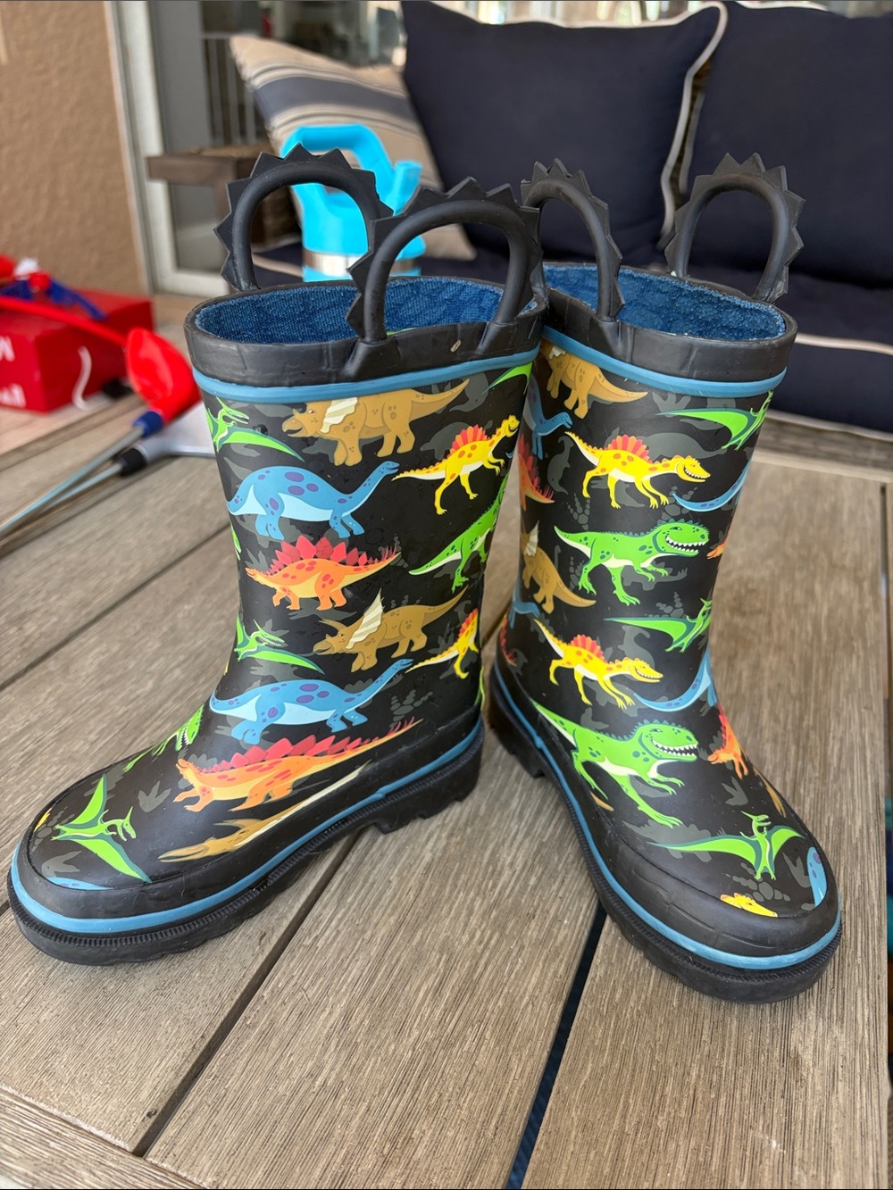 Kids Black Dinosaur Rain Boots with Colorful Dinosaur Print